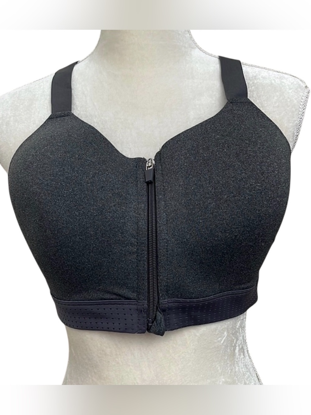 NWOT Layer 8 Sports Bra 1X Gray Front Zip High Impact Racerback Moisture Wicking